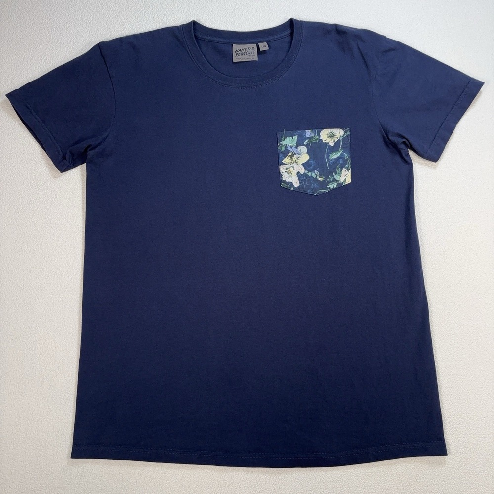 Naked & Famous Pocket T-Shirt Men's L Navy Floral 100% Cotton Crewneck